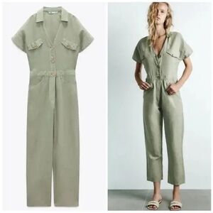 ZARA Green Khaki Linen Blend Short Sleeve Jumpsuit Sz XS